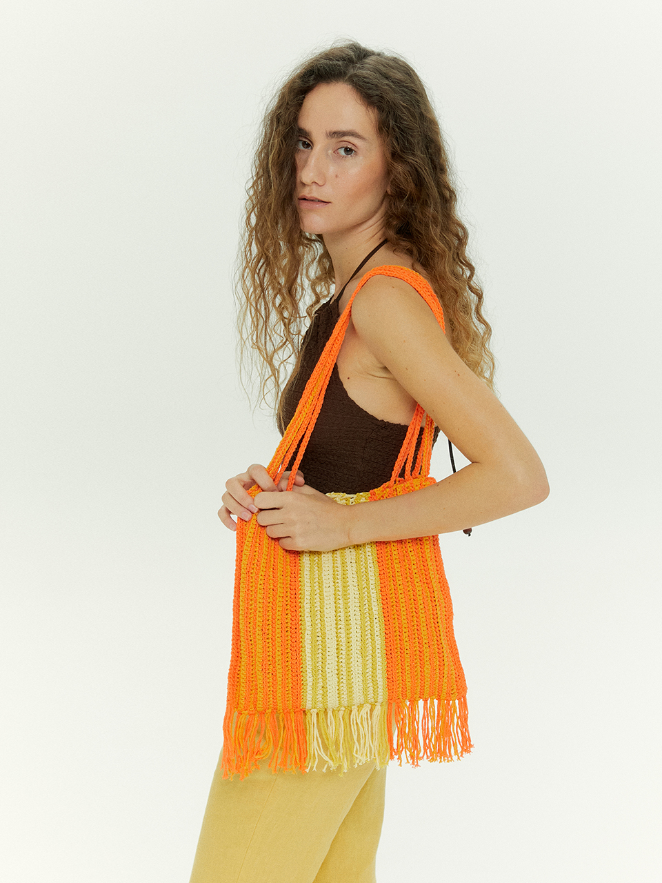 Orange Fringe Knit Bag