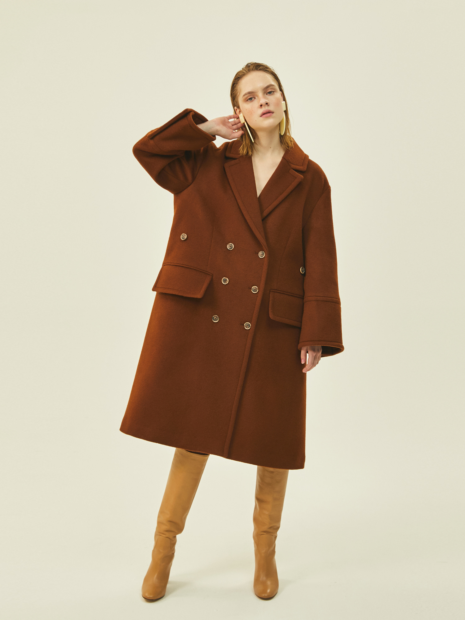 Wide Wool Double Coat in Brown