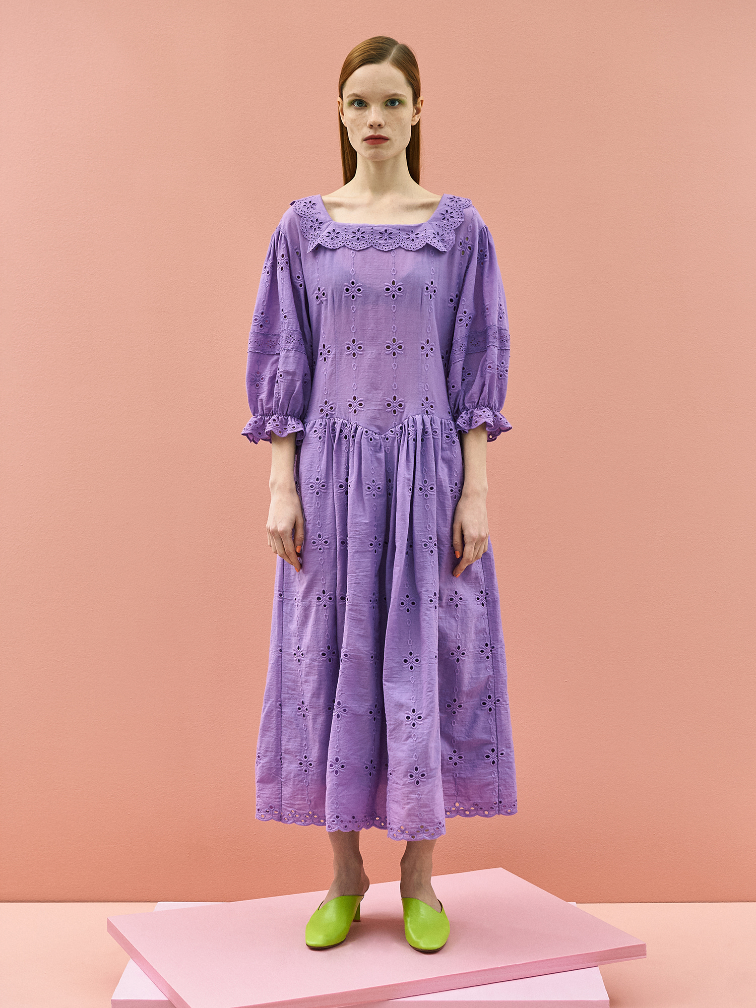 Girlish Lace Cotton Dress in Purple