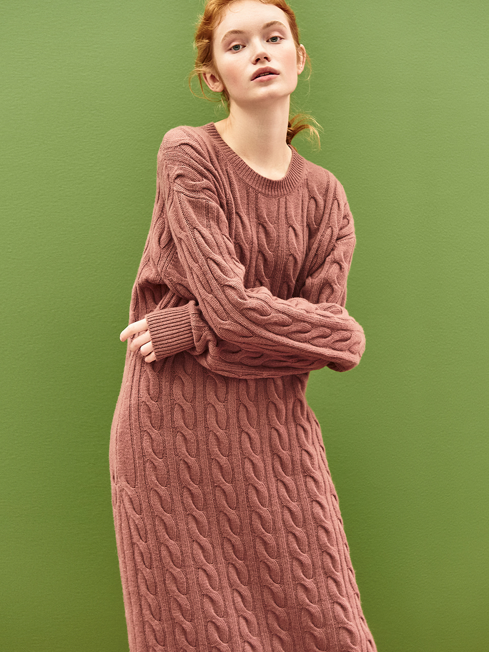 Cable Knit Maxi Dress in Red Bean