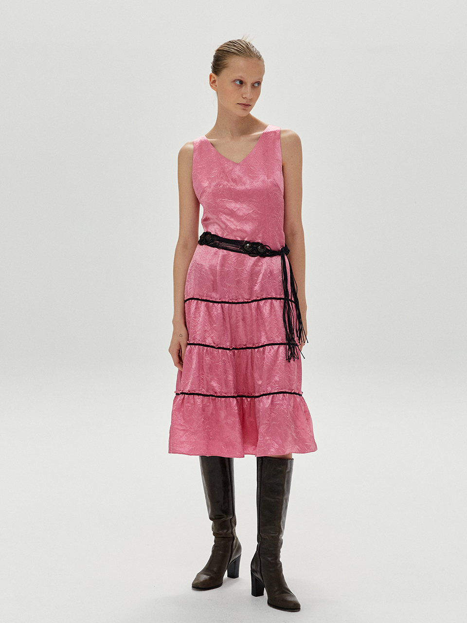 Kate Satin Wrinkle Dress in Pink