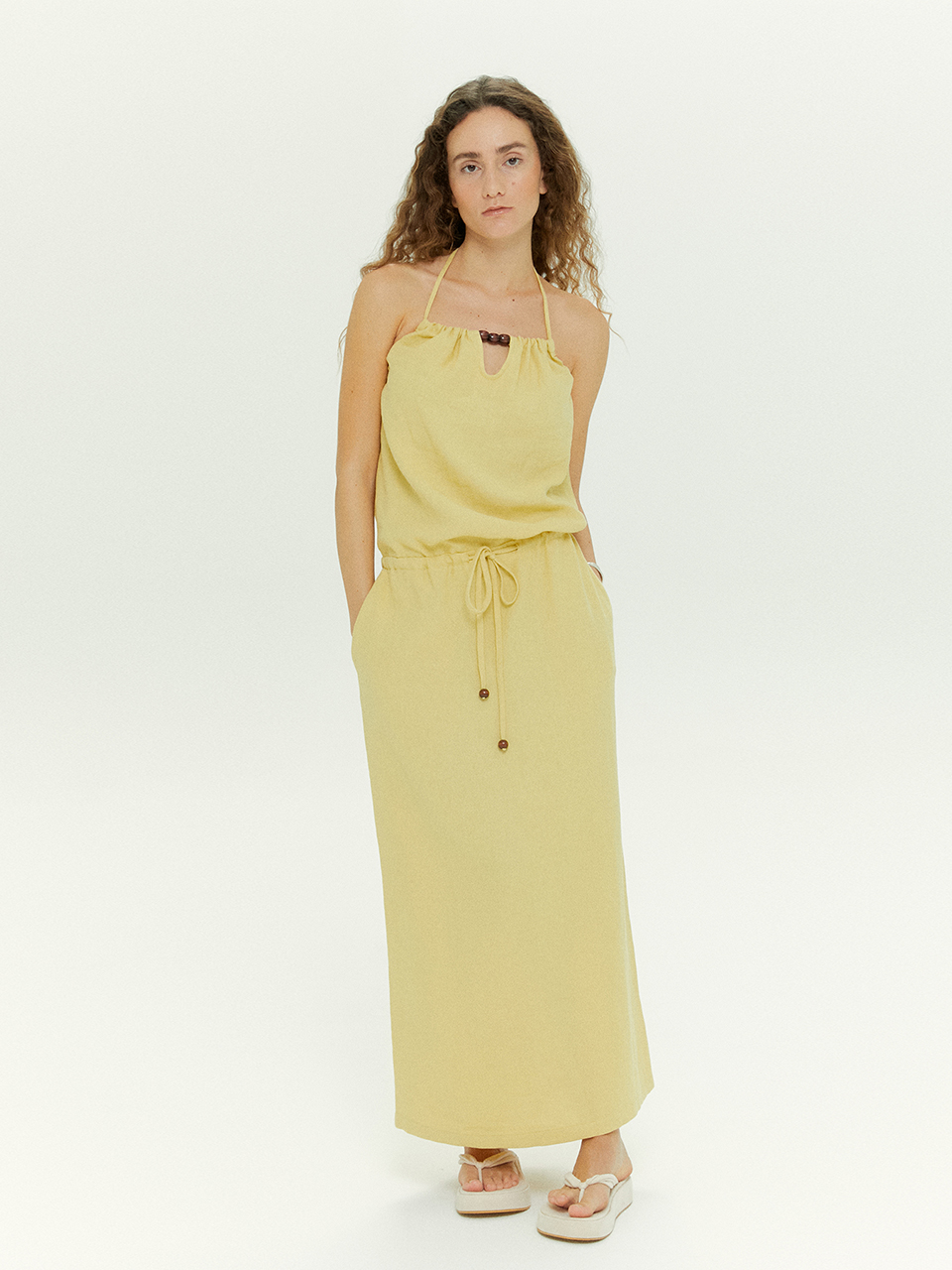 [20%OFF]Beads Halter Maxi Dress in Light Yellow
